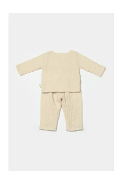 BabyCosy Set bluza cu nasturi si pantaloni, Winter muselin, 100% bumbac - Stone