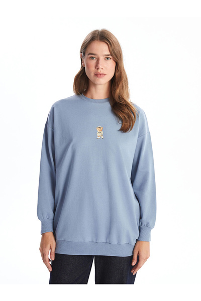 LC Waikiki Lcw Modest Blue Crew Neck Printed Women's Sweatshirt Tunic