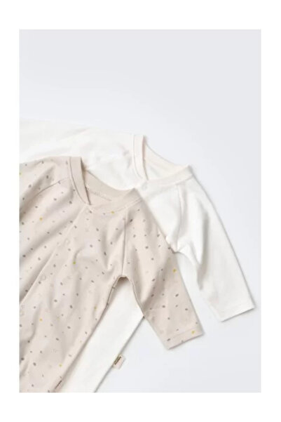 BabyCosy Set of 2 long-sleeved jumpsuits and long pants with ankle boots - 100% cotton - Cream with bu