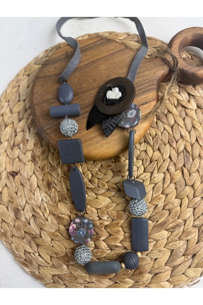 SEDEF TAKI Füme tasarım ahşap uzun kolye