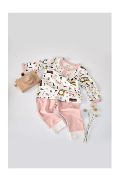 BabyCosy Set with long sleeve shirt and pants, 100% cotton, BabyCosy, Powder (Size: 6-9 months)