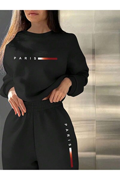 Deocept Παρίσι με τύπωμα Unisex Μαύρο Σετ Φόρμας oversized με λαιμόκοψη