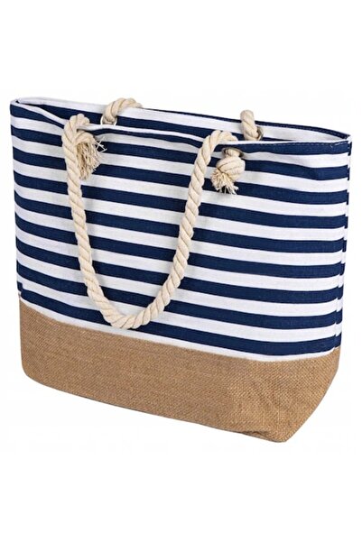 AB HOMES White straw bag with blue stripes for the beach