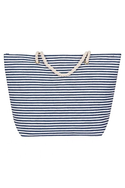 AB HOMES White Straw Beach Bag with Blue Stripes AB HOMES