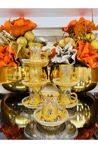 EVRA 12 Parça 6 Kişilik Altın Yaldızlı Cam Kahve Fincanı m3