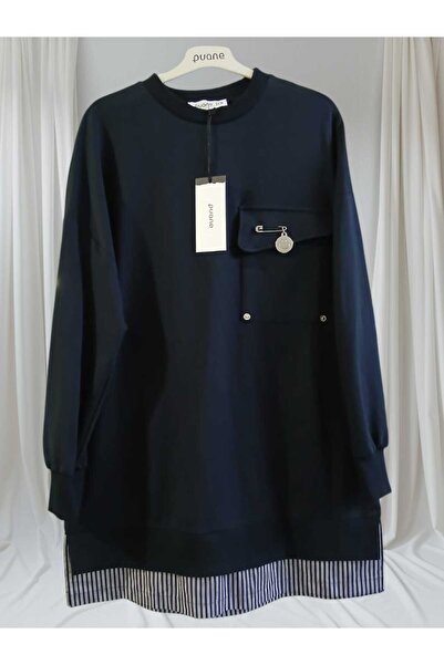 Puane Women's Navy Blue Two-Thread Combed Cotton Fabric Pocket Tunic with Bronchus Detail 10720