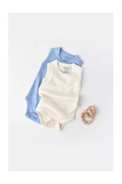 BabyCosy Set 2 Sleeveless Baby Bodysuits Unisex - 100% Cotton - Ecru/Blue