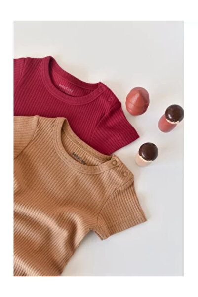 BabyCosy Set of 2 short-sleeve rompers made of cotton and modal - Red/Brown