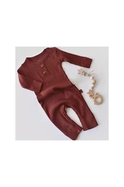 BabyCosy Long-sleeve jumpsuit with long pants made of cotton and modal - Brick (Size: 6-9 mo