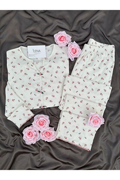Lena Homewears Σετ πιτζάμες εκρού Βερολίνου με ροζ λουλούδια