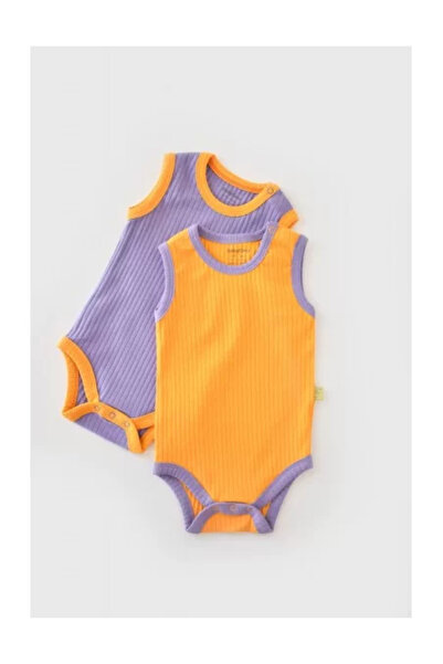 BabyCosy Set 2 Body-uri fără mâneci Ribana Bebe Unisex din bumbac 95% și 5% elastan - Galben/Mov