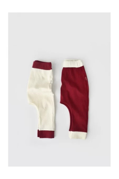 BabyCosy Set of 2 Ribana Baby Unisex Pants made of cotton and 5% elastane - Ecru/Bordeaux
