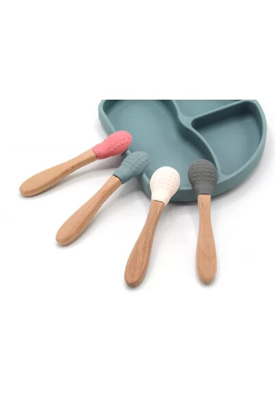 Babyjem Lingură cu mâner din lemn și vârf rotunjit din silicon (Culoare: Gri)
