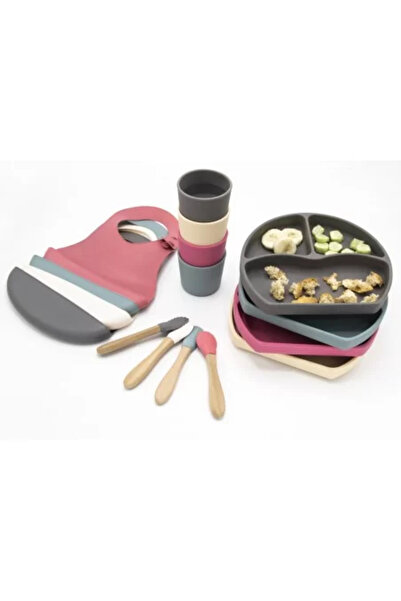 Babyjem Set Diversificare 4 Piese Silicon BabyJem: Bavetă, Farfurie, Lingură și Cană (Culoare: Gri)