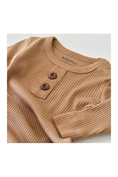 BabyCosy Long-sleeve romper with long pants made of cotton and modal - Brown (Size: 0-3 Mont