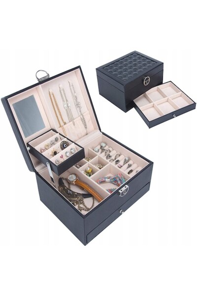 AB HOMES Jewelry Box, 2 Levels, AB HOMES®, Multiple Compartments, Key Lock, 22.5 x 17 x 12 cm, Leather,