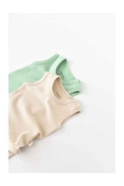 BabyCosy Set 2 sleeveless unisex baby bodysuits - 100% cotton - Mint/Stone