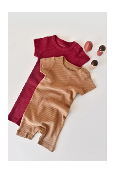 BabyCosy Set of 2 short-sleeved rompers made of cotton and modal - Red/Brown for (Size: 0-3