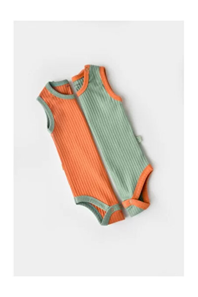 BabyCosy Ribana Bebe Unisex 2-Piece Sleeveless Bodysuits in Cotton and 5% Elastane - Orange/Green
