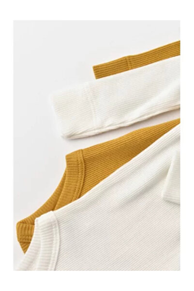 BabyCosy Set 2 body-uri cu maneca lunga bebe unisex din bumbac si modal - Mustar/Ecru