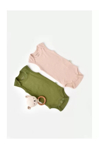 BabyCosy Set of 2 unisex baby sleeveless bodysuits made of cotton and modal - Green/Blush