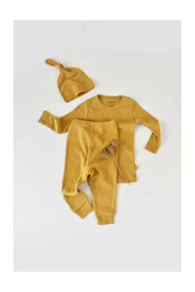 BabyCosy Set 3 piese: bluză cu mânecă lungă, pantaloni lungi și pălărie - Saffron, (Mărime: 9-12)