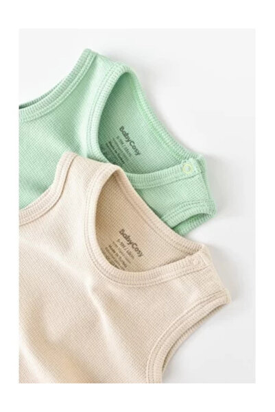 BabyCosy Set 2 sleeveless unisex baby bodysuits - 100% cotton - Mint/Stone
