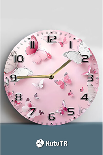 kutuTR MDF Duvar Saati Pembe Kelebek Desenli – 33x33 cm SDW393