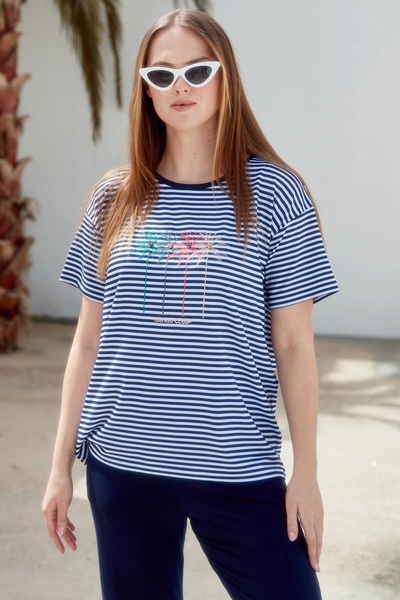 Sementa Crew Neck Embroidery Detailed Striped Combed Cotton Suit - Navy Blue