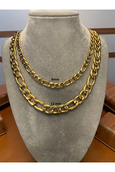 Çelik 18 Ayar Altın Kaplama Figaro Zincir – 65 cm Uzunluk, 8 mm & 12 mm Kalınlık