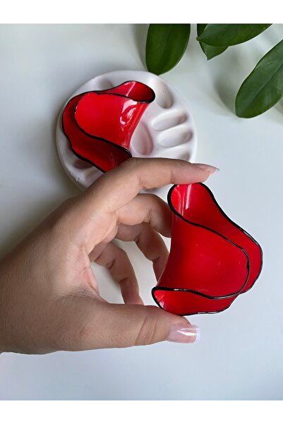 BusradanDesign Özel Seri Siyah Şerit Detay Kırmızı Çiçek Küpe