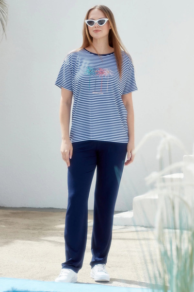 Sementa Crew Neck Embroidery Detailed Striped Combed Cotton Suit - Navy Blue