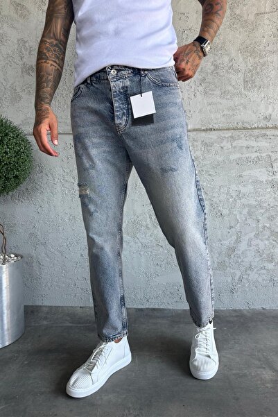 MADZEYMODA Pantaloni de blugi pentru bărbați din denim albastru, model boyfriend, cu detalii rupute KE-604