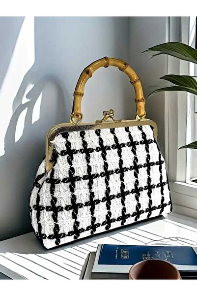 ÇANTA Stylish Black White Plaid Pattern Women's Hand Shoulder Bag Bamboo Handle Kiss Lock Special Occasions Arm Bag