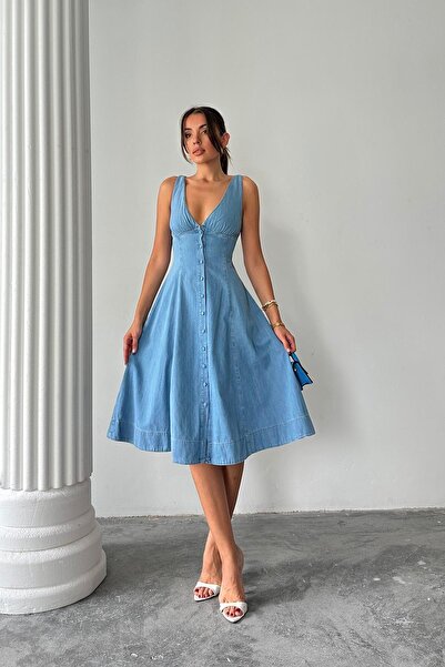 Moda cameo Mohinto Önü Düğmeli V Yaka Midi Kot Elbise Mavi