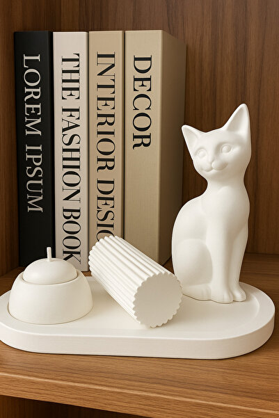 HRD El Yapımı Dekoratif Seramik Kedi Heykeli , Mumluk & Biblo Seti – Minimal ...