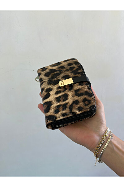 shiny ever Women's Wallet Leopard Pattern Black Cream Gold Detailed
