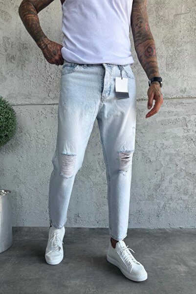 MADZEYMODA Denim Fabric Snow Wash Boyfriend Fit Ripped Detailed Men's Jean Trousers Ke-095