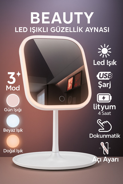 BLUE SİDE 3 Renk Modlu Ledli Makyaj Aynası Dokunmatik Kare Pinterest Stil Hazneli Makyaj Aynası Masa Aynası