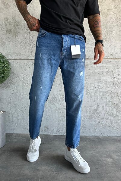 MADZEYMODA Pantaloni de blugi pentru bărbați din denim albastru, model boyfriend, cu detalii rupute KE-181