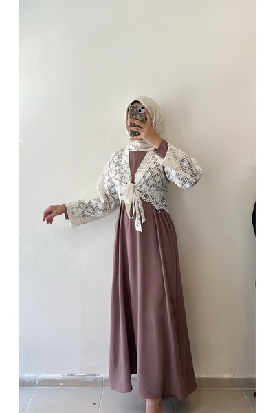 DİLEKBUTİK Φαρδύ φόρεμα ayrobin με κοντό μπολερό κοστούμι 2 τεμαχίων με δέσιμο μπροστά