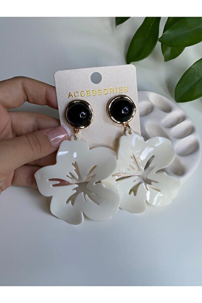 BusradanDesign Special Series Dangle Black Bead Detail Bone Cream Color Earrings