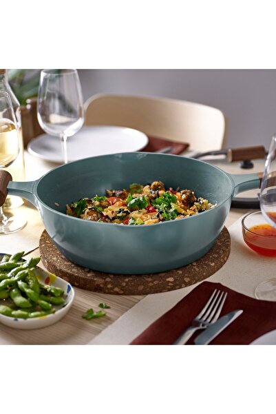 IKEA KLIPPFISK Sauté pan with lid, non-stick coating, grey-turquoise, 28 cm