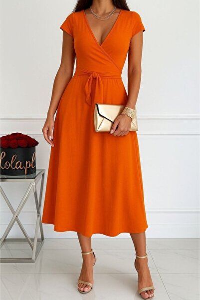 BÜŞRA TEZEL MODA Rochie maxi din viscoză cu mâneci scurte și decolteu în V pentru femei EQURİ