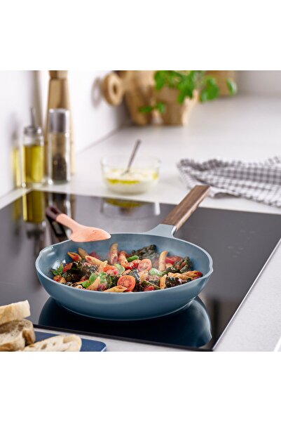 IKEA KLIPPFISK Frying pan, non-stick coating/wood dark grey-blue, 24 cm