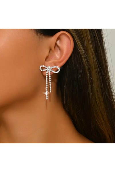HERA SHOPS Silver Color Zircon Stone Bow Model Women's Trend Earrings Evening Dress Earrings Daily Casual Jewelry
