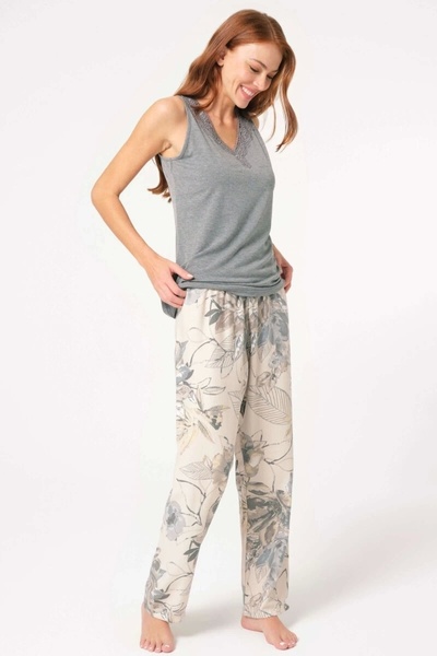 Butik Anıl 5805 Viscose Floral Print Embroidery Detailed Dressing Gown Pajamas Set