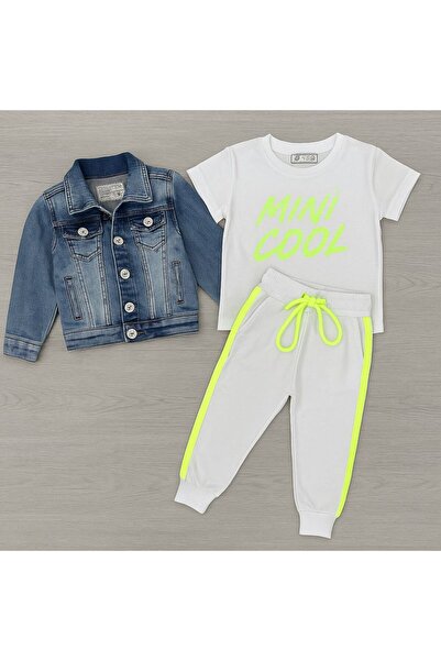 KOKOŞ BEBEK Boy's Jean Jacket Combination – Printed T-Shirt & Side-Striped Sweatpants (Ages 2-10)