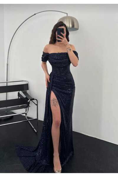 maf collection Жіноче темно-синє плаття з паєтками, низькими рукавами, розріз...