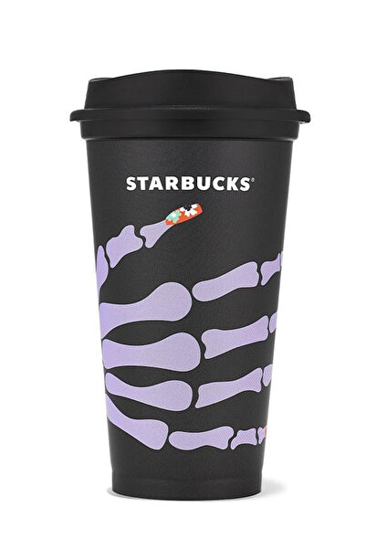 Starbucks كوب مشروبات بلاستيكي أسود بتصميم هيكل عظمي، سعة 473 مل